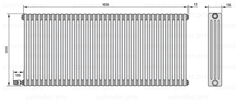 Схема (чертеж) Радиатор Zehnder Charleston 4300/36 №V004 Белый глянцевый RAL 9016